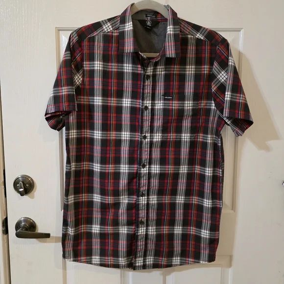 Volcom Red and Black Plaid Button Down Shirt - Picture 1 of 6